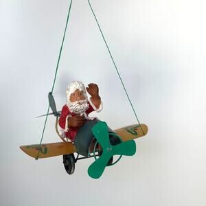 Rare Vintage Santa in Plane Metal Mobile Christmas Ornament